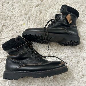 All Saints Lace Up Shearling Black Distressed Leather Boots size 44/11